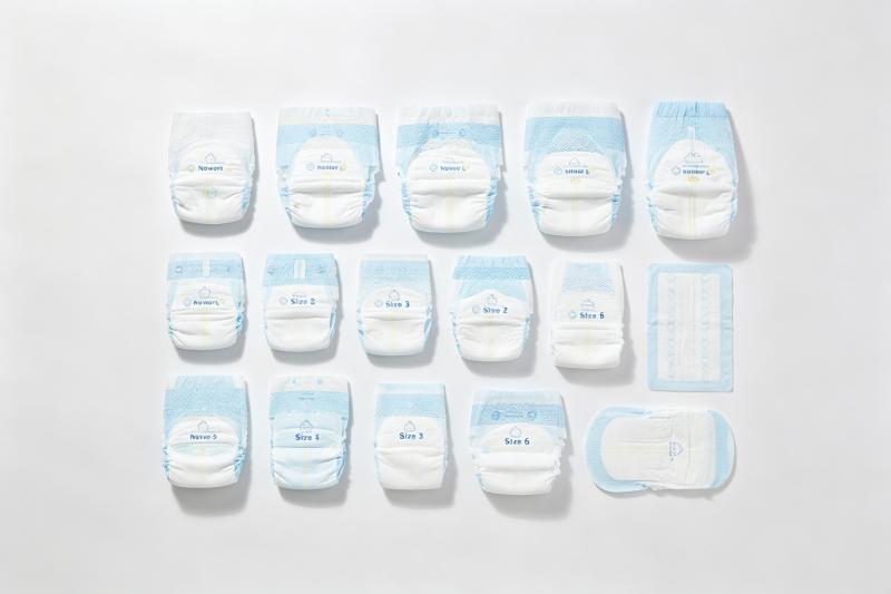 Baby diaper OEM size guide - various diaper sizes from newborn to size 6 showing dimensions and fit specifications for private label brands