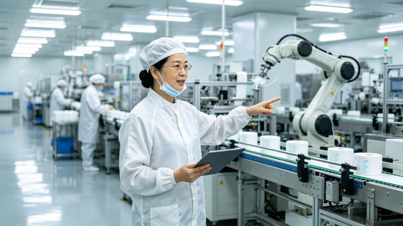 Quality manager in cleanroom suit explaining automated diaper production line in a China factory