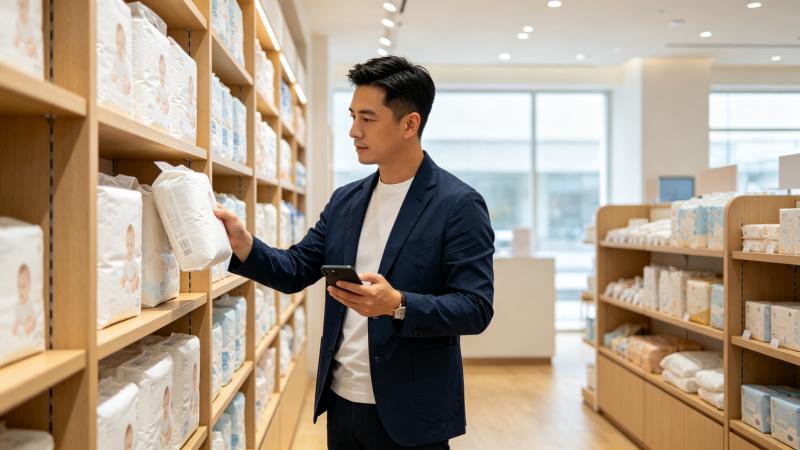 Entrepreneur examining diaper products in a mother-baby retail store