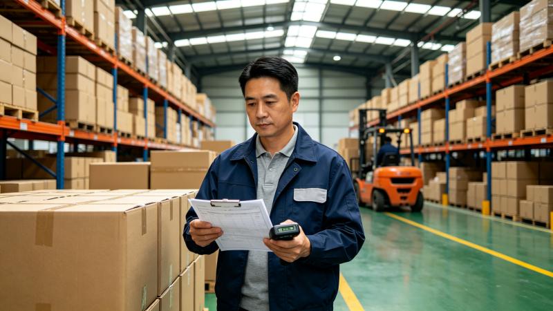Logistics manager checking shipping documents in a diaper warehouse with containers