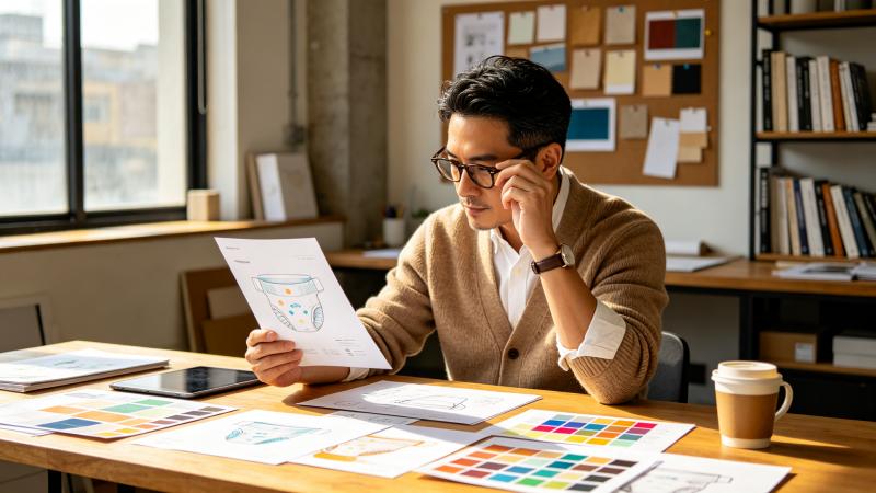 Brand director reviewing diaper packaging design drafts in a creative studio