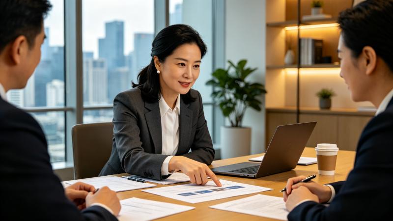 Business team discussing diaper brand partnership with a China factory in a modern office
